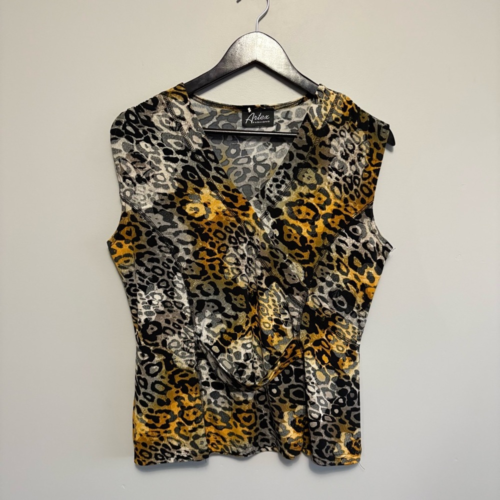 Sleeveless V-Neck Animal Print Wrap Top in Mustard/Black Cheetah